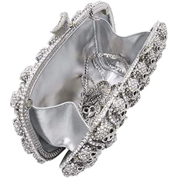 NWT Sparkling Bling Crystal Rhinestone Skull Clutch Purse Silver Gold +F… - Picture 6 of 11